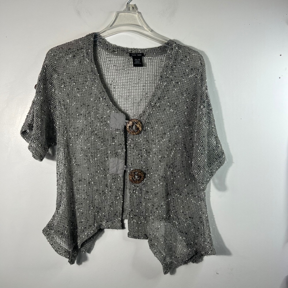 Katie Todd Artsy Knit Lagenlook Button Tunic Cardigan Gray White M